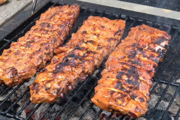 Close up barbecue ribs on the grill.